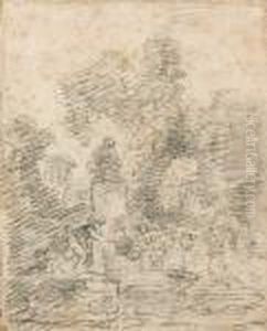 Paysage Anime Avec Lavandieres A La Fontaine by Jean-Honore Fragonard