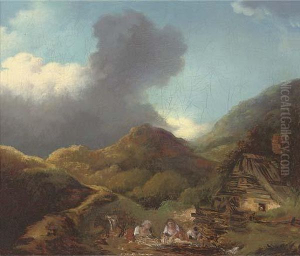 A Mountainous Landscape With Washerwomen At A River By A Cottage - view 1