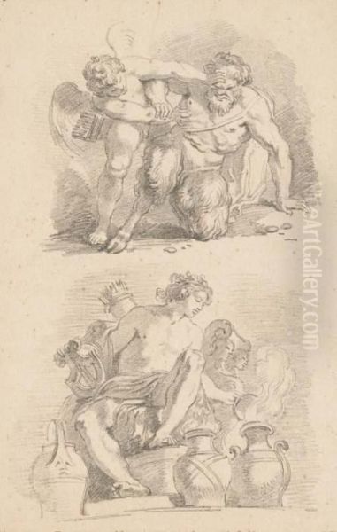 Cupid Fighting A Satyr And 
Mercury Seated On A Throne Lifting The Lid Of An Urn, After The Old 
Masters - view 1