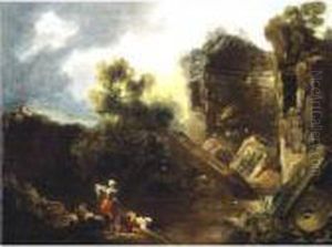 Laundresses By A River With Roman Ruins Beyond