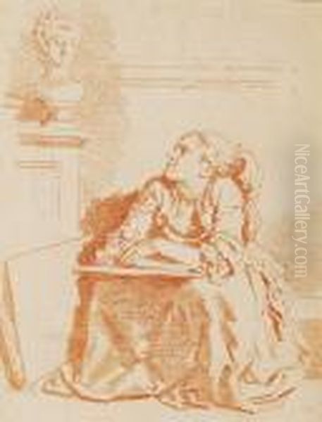 Seated Girl, Leaning With Folded
Arms On A Sketchbook, Gazing Up At A Female Bust On A Mantlepiece, A
Portfolio Propped Up At Her Side - view 1