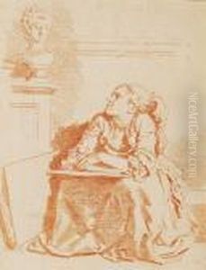 Seated Girl, Leaning With Folded
 Arms On A Sketchbook, Gazing Up At A Female Bust On A Mantlepiece, A 
Portfolio Propped Up At Her Side by Jean-Honore Fragonard