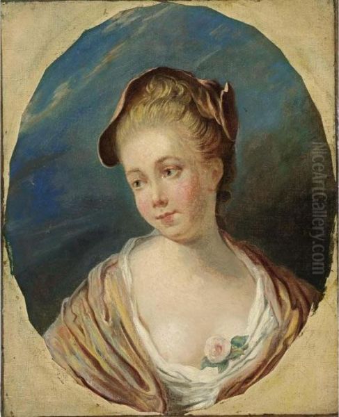 A Young Lady, Bust Length,
Wearing A White Dress With A Rose, A Pink Shawl And Headdress, In A
Painted Oval - view 1