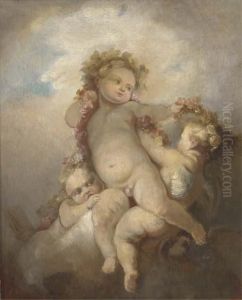 Three Putti Playing With A Garland Of Flowers
