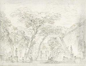 A Garden With Sculpture Among Roman Pines, Steps Mounting A High Wall To The Right