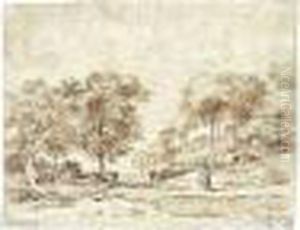 A Wooded Landscape, With A 
Cloaked Figure In The Foreground, A Small Party Seated Under The Trees 
To The Right And Two Tethered Mules