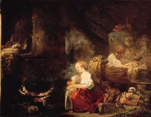 An Interior Of A Barn With A Woman And A Child By A Cauldron,washerwomen Nearby by Jean-Honore Fragonard
