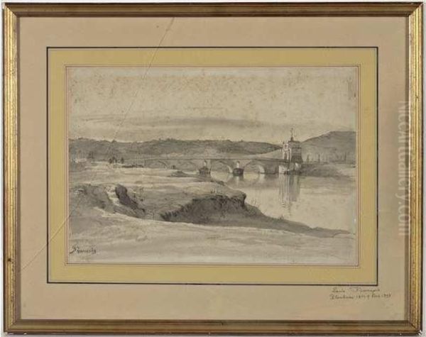 Francais Bord De Riviere Anime
Pres D Un Pont Encre, Plume Et Lavis, Cachet De La Vente En Bas A
Gauche. . 26.5 X 39 Cm - view 1