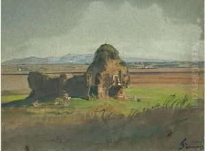 Paysage A La Chaumiere En Ruines by Francois Louis Francais