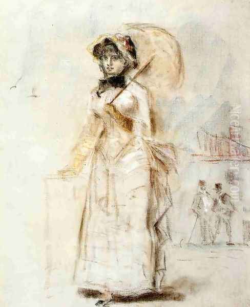 Young Woman Taking a Walk, Holding an Open Umbrella - view 1