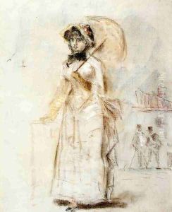 Young Woman Taking a Walk, Holding an Open Umbrella