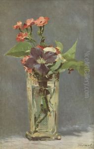 Pinks and Clematis in a Crystal Vase