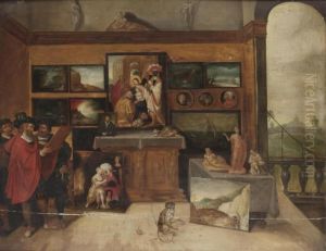 The Interior Of A Picture Gallery With Connoisseurs Studying A Painting by Frans II Francken