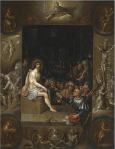 The Mocking Of Christ, In An En 
Grisaille Surround With Scenes From The Life Of Christ And The Four 
Evangelists by Frans II Francken