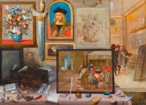 View Into The Workshop Of A Painter With A Wall Of Artistic Treasures.