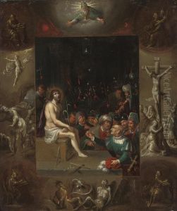 The Mocking Of Christ, With A
Border En Grisaille Depicting God Thefather, The Four Evangelists, The
Crucifixion, The Resurrection Andcaptive Souls In Hell by Frans II Francken