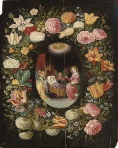 A Garland Of Flowers Surrounding A Medallion Of The Virgin Andchild With Angels