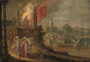 Lot And His Family Fleeing The Burning Sodom by Frans II Francken