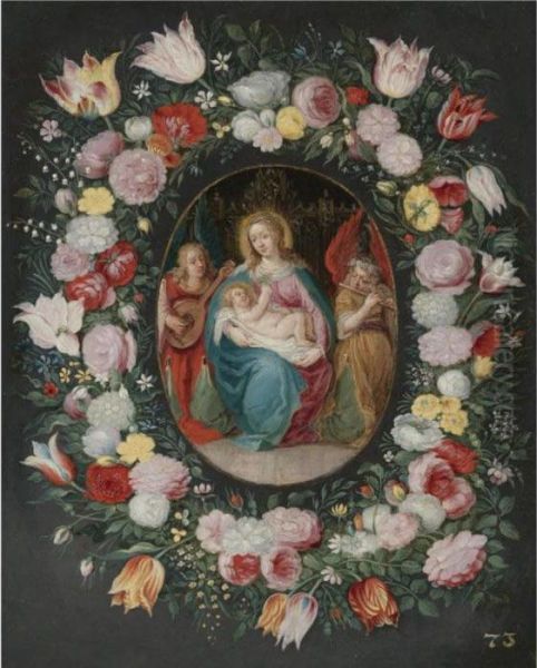 The Madonna And Child With Two Angels Surrounded By A Garland Of Flowers - view 1