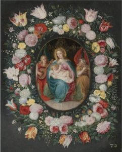 The Madonna And Child With Two Angels Surrounded By A Garland Of Flowers by Frans II Francken
