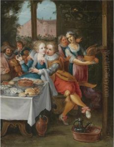An Elegant Company Feasting With A Courting Couple