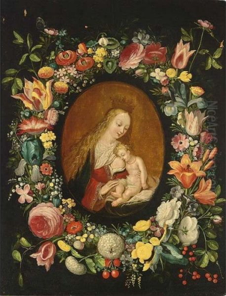 The Virgin And Child Surrounded
By A Flower Garland With Roses, Tulips, Snowballs, Wallflowers, Irisses,
An Opium Poppy, Pansies, Forget-me-nots, Red-turban-cup Lilies, Lilies,
And Other Flowers Together With Raspberries And Red Berries - view 1