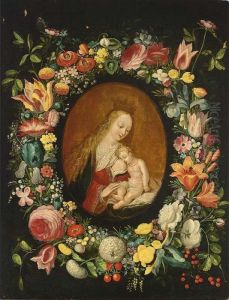 The Virgin And Child Surrounded
By A Flower Garland With Roses, Tulips, Snowballs, Wallflowers, Irisses,
An Opium Poppy, Pansies, Forget-me-nots, Red-turban-cup Lilies, Lilies,
And Other Flowers Together With Raspberries And Red Berries by Frans II Francken
