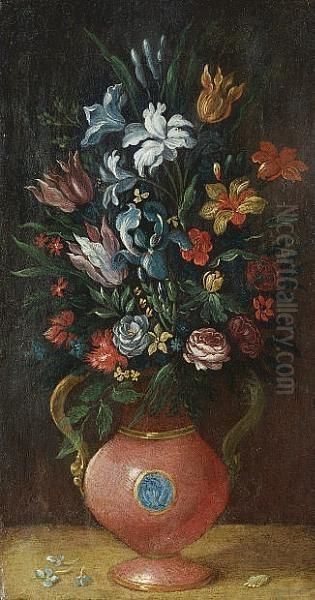 Irises, Roses, Tulips, Chrysanthemums And Other Flowers In An Earthenware Vase - view 1