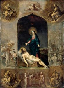 The Pieta Surrounded By The Four
Evangelists, And Scenes From The Old Testament Including The Sacrifice
Of Isaac And The Brazen Serpent The Pieta Surrounded By The Four
Evangelists, And Scenes From The Old Testament Including The Sacrifice
Of Isaac And The Brazen Serpent