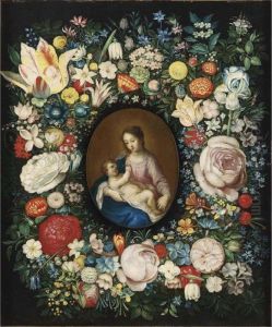 A Garland Of Roses, Tulips And
Other Flowers Surrounding A Medallion Of The Virgin And Child by Frans II Francken