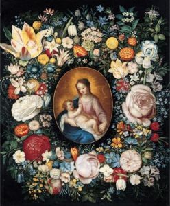 A Garland Of Flowers Surrounding A Medallion Of The Virgin And Child