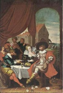 An Elegant Company Smoking And 
Listening To Music Around A Table, With A Scene Of The Prodigal Son In 
The Background