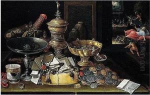 A Still Life Of Coins, Letters, A
 Silver Tazza, Gilt Vessels, Jewellery And A Silver Beaker Upon A Table,
 A Miser Haunted By Demons Beyond