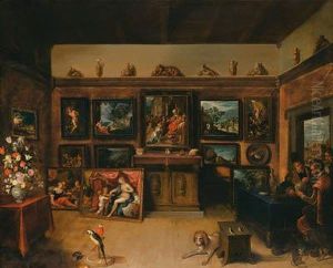 A Picture Gallery With A Man Of Science Making Measurements On Aglobe by Frans II Francken