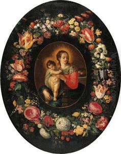 A Garland Of Flowers Surrounding A Medallion Of The Virgin Andchild