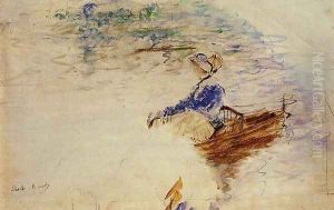 Young Woman In A Rowboat Eventail by Berthe Morisot