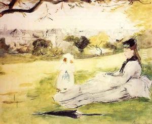 Woman And Child Seated In A Meadow by Berthe Morisot