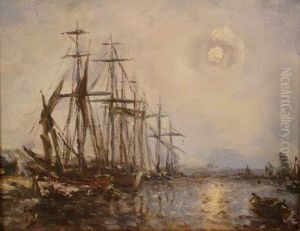 Moonlight Harbour With Moored by Frank Myers Boggs