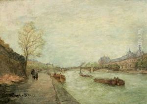 La Seine Au Louvre
 Huile Sur Panneau, Signee En Bas A Gauche