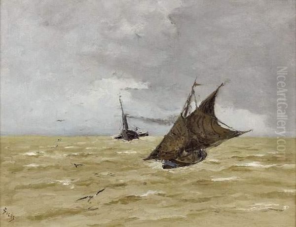 Barque De Peche Voiles Deployees Croisant Par Tribord Un Bateau A Aubes, Circa 1890 - view 1
