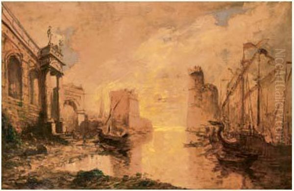 Port Et Voiliers Au Soleil Couchant, Hommage A Claude Le Lorrain - view 1