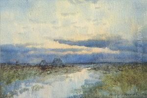 Bogland Pool With Turf Stacks At Sunset