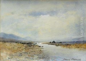 A Bogland River With Turf Stacks In Distance