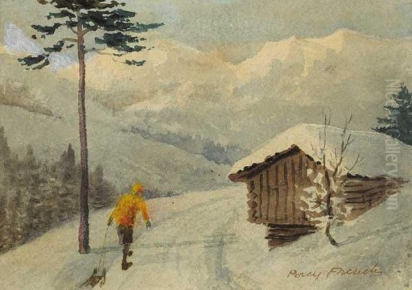 Swiss Alpine Scene With Figure Pulling Sled - view 1