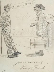 Self Portrait Showing Percy French With His Suitcase &amp; Banjo And A Railway Man