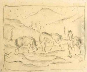 Drei Pferde in hageliger Landschaft by Franz Marc