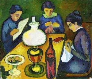 Three Women at the Table by the Lamp by August Macke
