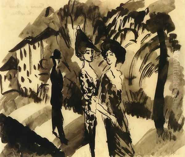 Two Women and an Man on an Avenue - view 1