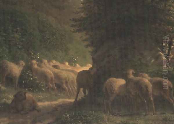 Sheep grazing along a hedgerow - view 1