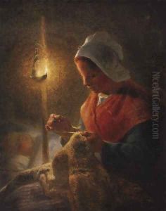 Woman Sewing By Lamplight 1870-1872